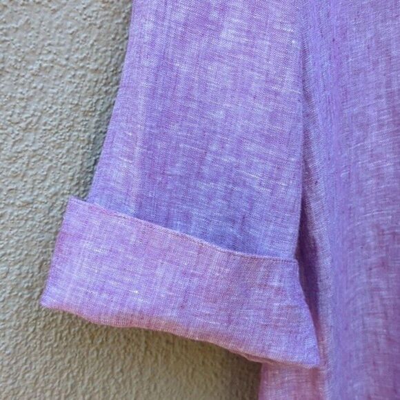 CHICO'S 100% Linen Pop Over Blouse Petite LG Flip Cuffs Mother of Pearl Buttons - Picture 8 of 12